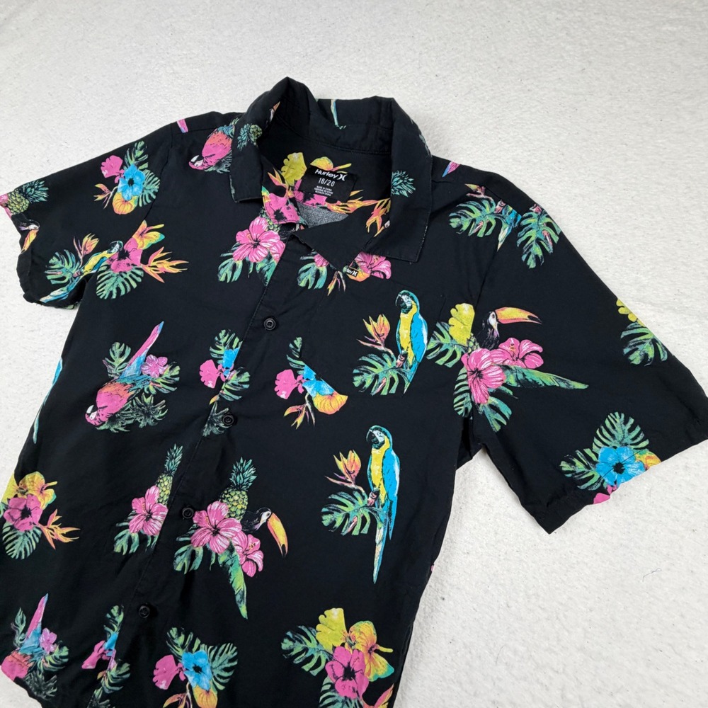 Hurley Boys Shirt Size 18/20 Black Tropical Parrot Toucan Floral Button Up Short